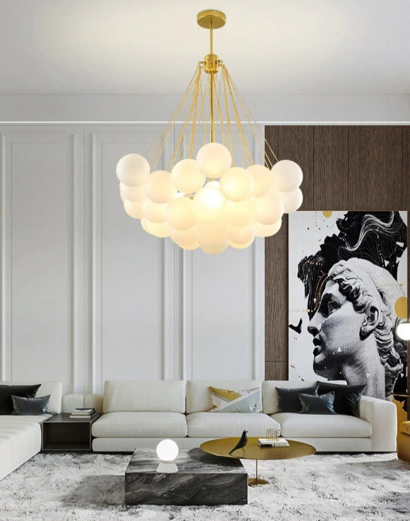 modern multi-globe bubble chandelier with gold hardware in large 37 bulbs that looks like a cloud