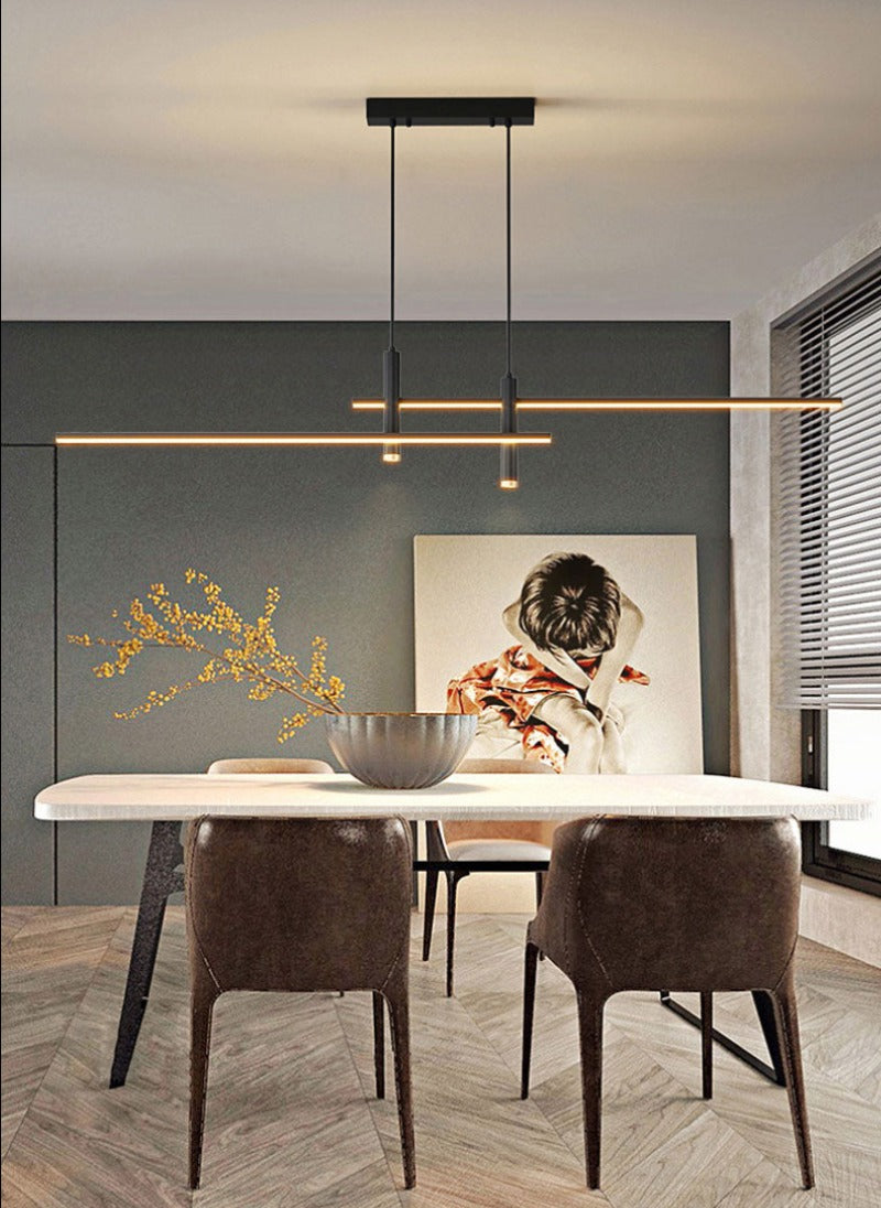 Modern  Hanging Horizontal  Light with two spotlights, 47 inches wide, black aluminum Frame shown illuminating a modern dining table