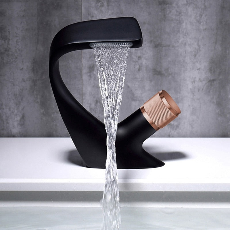 Modern Curved single hole deck mounted bathroom faucet shown in black and Rose Gold 