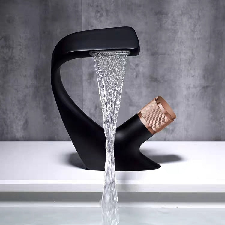 Modern Curved single hole deck mounted bathroom faucet shown in black and Rose Gold 