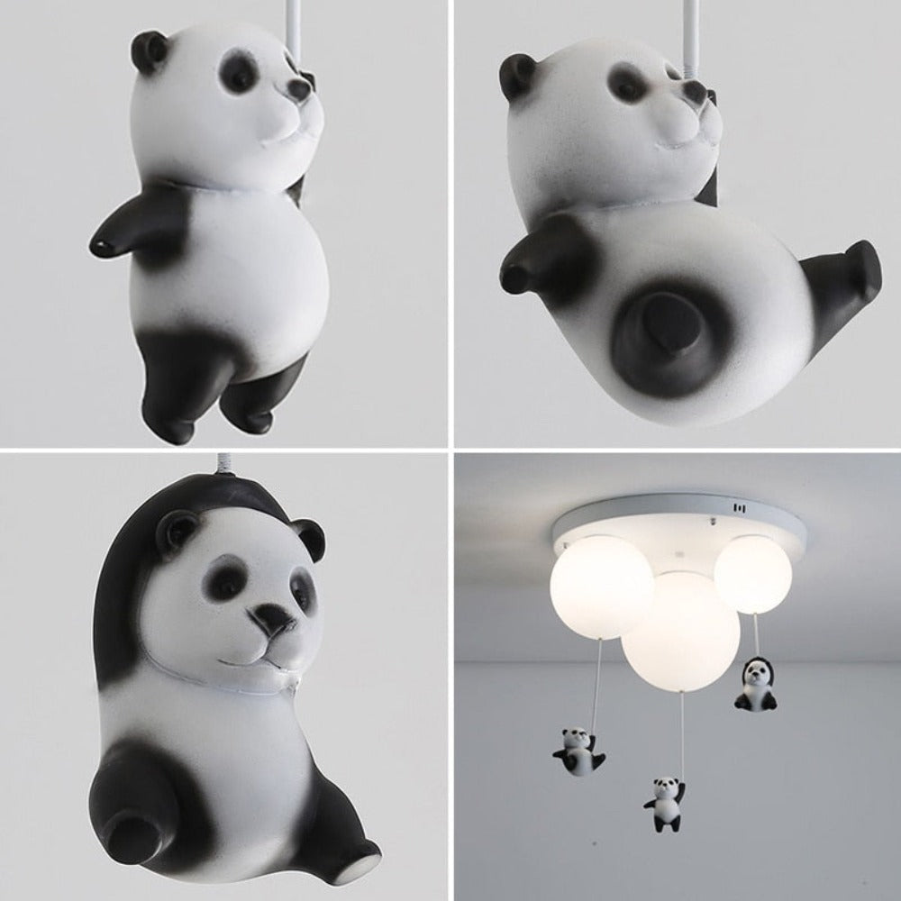 Close up view of Panda Hanging from a balloon Ceiling light for children's bedroom