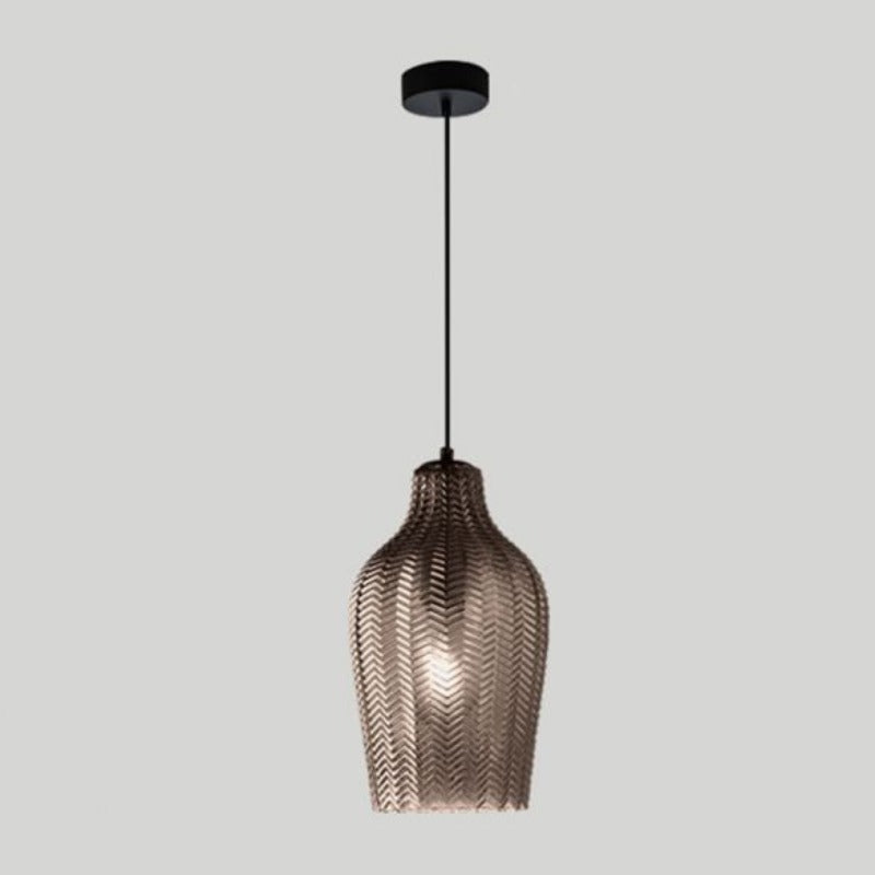 Chevron Patterned Textured Glass Pendant Lights in smoky gray glass