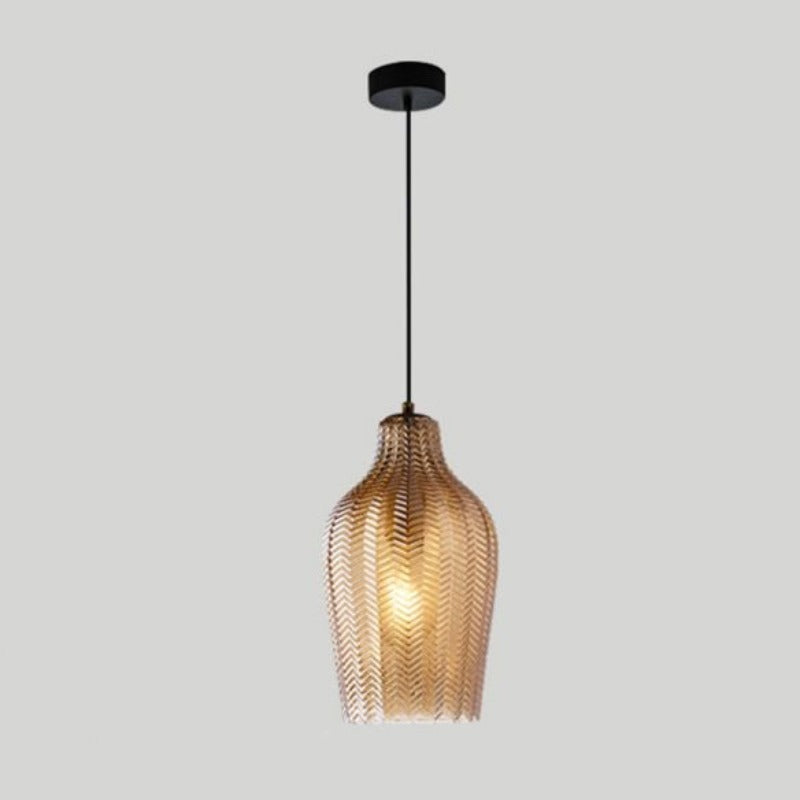 Chevron Patterned Textured Glass Pendant Lights in Amber Tint