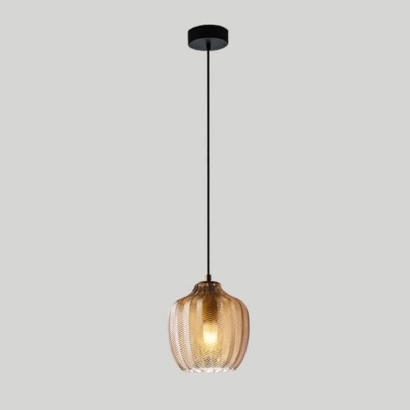 Chevron Patterned Textured Glass Pendant Lights in Amber Tint