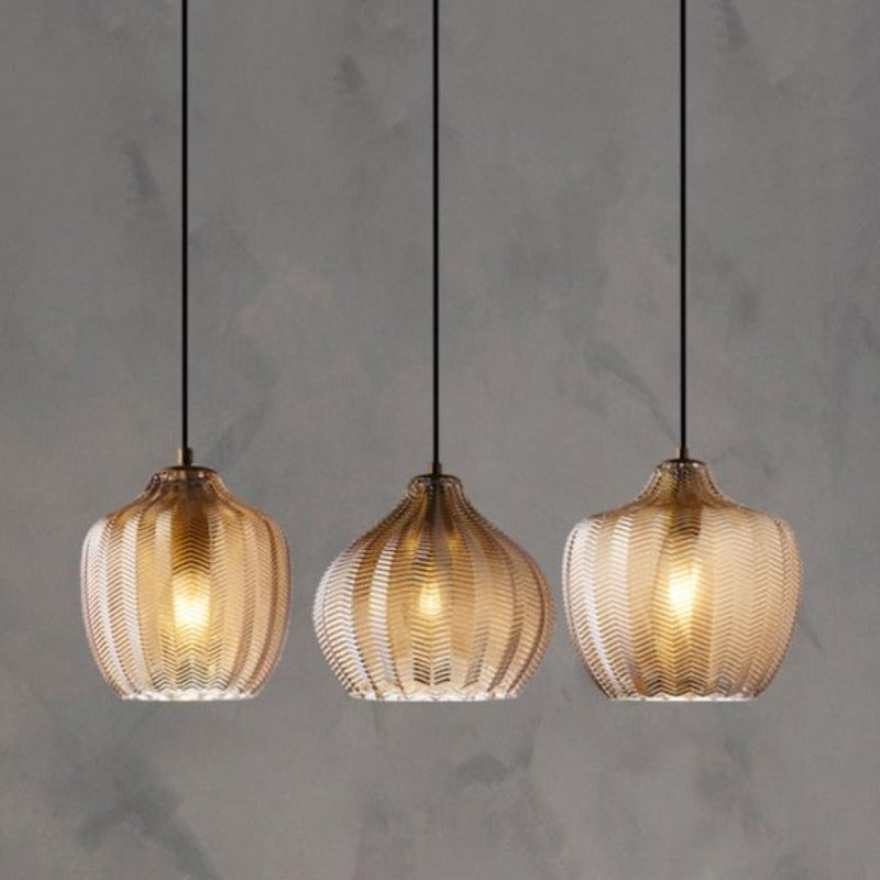 Selection of Chevron Patterned Textured Glass Pendant Lights in Amber Tint