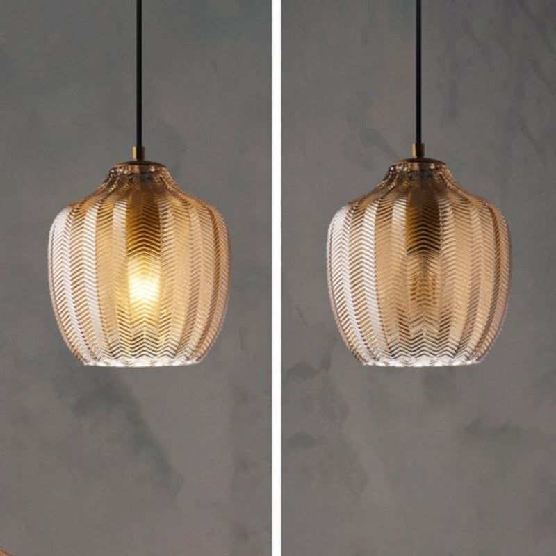 Chevron Patterned Textured Glass Pendant Lights in Amber Tint shown on and off