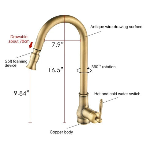 Dimensions of smart Touch Control Kitchen faucet with Antique brass finish with pull out sprayer, one hole, deck mount