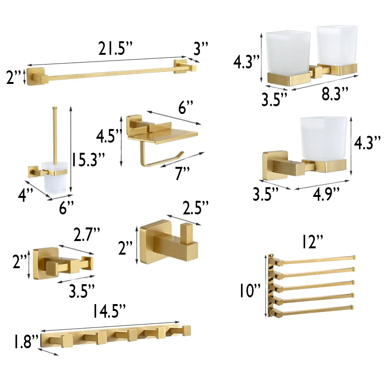 dimensions of brushed gold bathroom hardware set