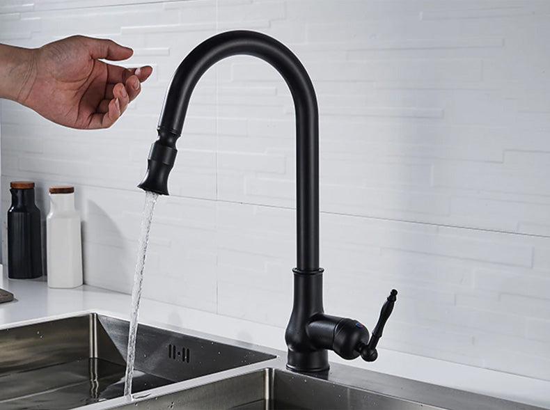 Smart Touch Control Kitchen faucet in black, with pull out sprayer, one hole, deck mount