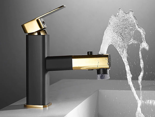 Side view of bathroom faucet with pull out sprayer that can also be used as a water fountain