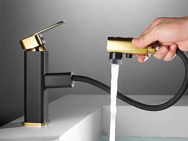 bathroom faucet with pull out sprayer shown in use