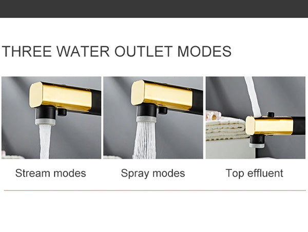 image showing the three water spraying modes of bathroom faucet with pull out sprayer and water fountain