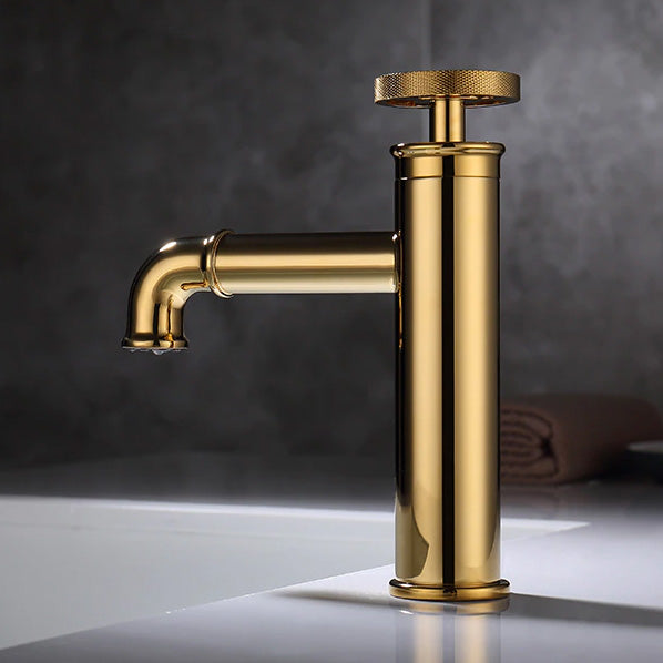 Industrial bathroom faucet shown in polished brass, single hole, single handle