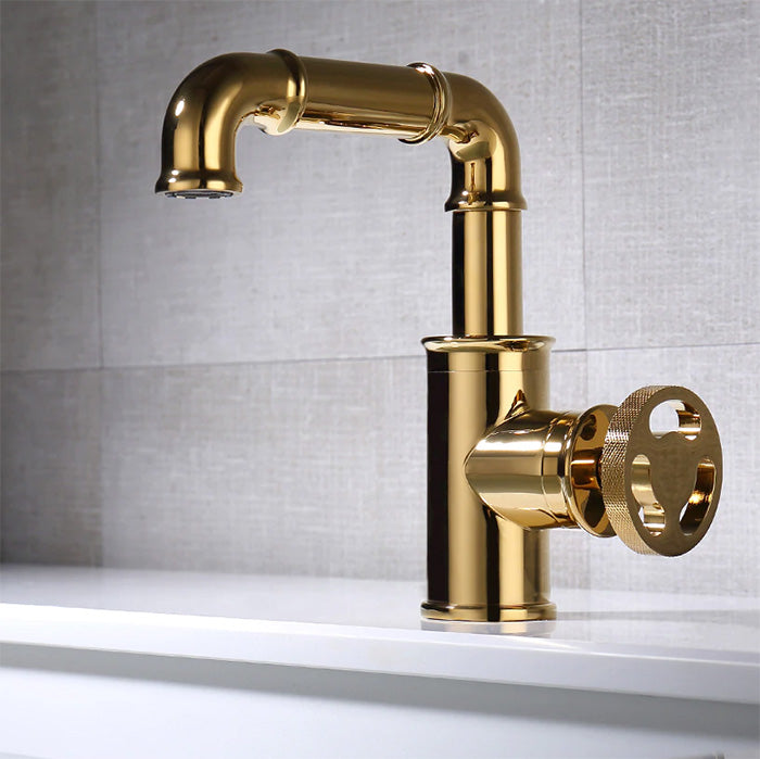 Industrial Bathroom Sink Faucet with polished brass finish. Single Handle, single hole mount