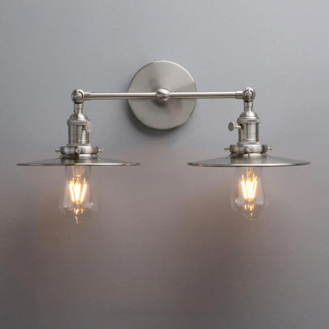 Vintage double wall sconce with flat shade in brushed nickel