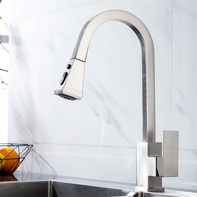 Square Kitchen faucet with Brushed Nickel finish, pull down sprayer, single hole kitchen faucet with square base 