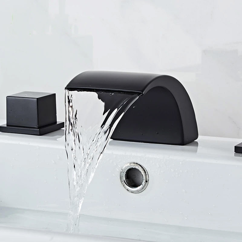 Contemporary widespread three hole black bathroom faucet with square handles and waterfall water pattern