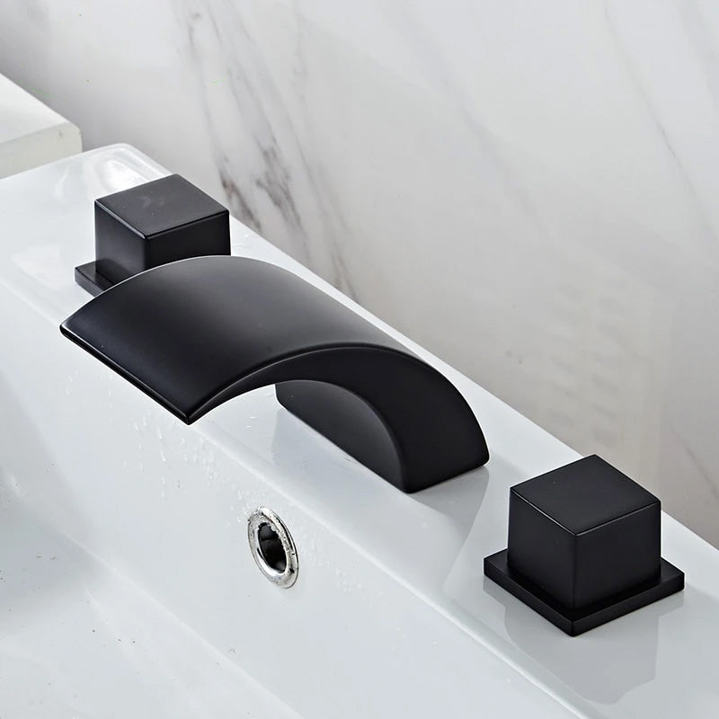 Contemporary widespread three hole black bathroom faucet with square handles