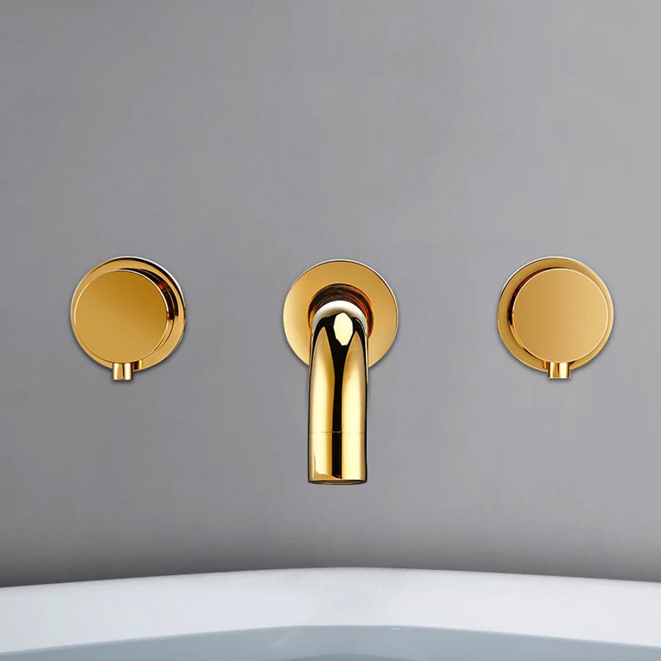 Contemporary wall mount bathroom faucet in polished gold with round handles