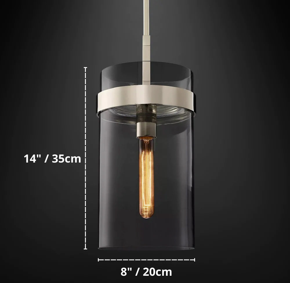 dimensions of modern cylindrical Glass Pendant with brushed nickel hardware
