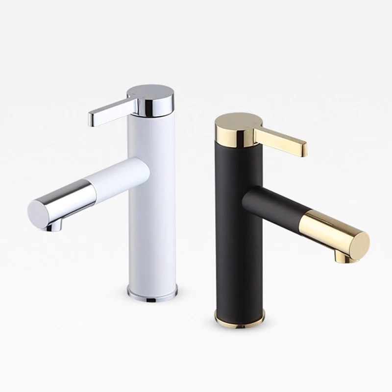bathroom faucet with drinking fountain shown in white and chrome and black and gold, single hole, single handle