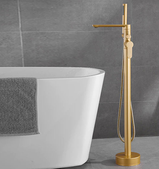 Contemporary Floor Mounted Tub Filler in Brushed Gold with Shower Wand