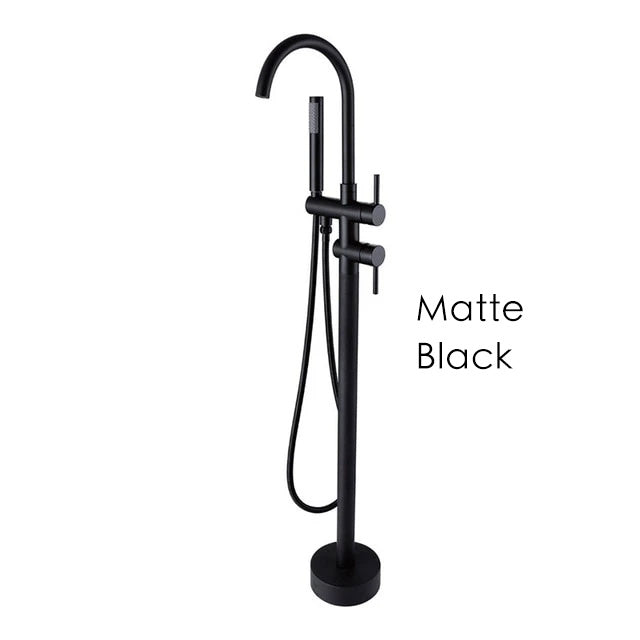 Contemporary Floor Mounted Tub Filler with Hand Shower in Matte Black