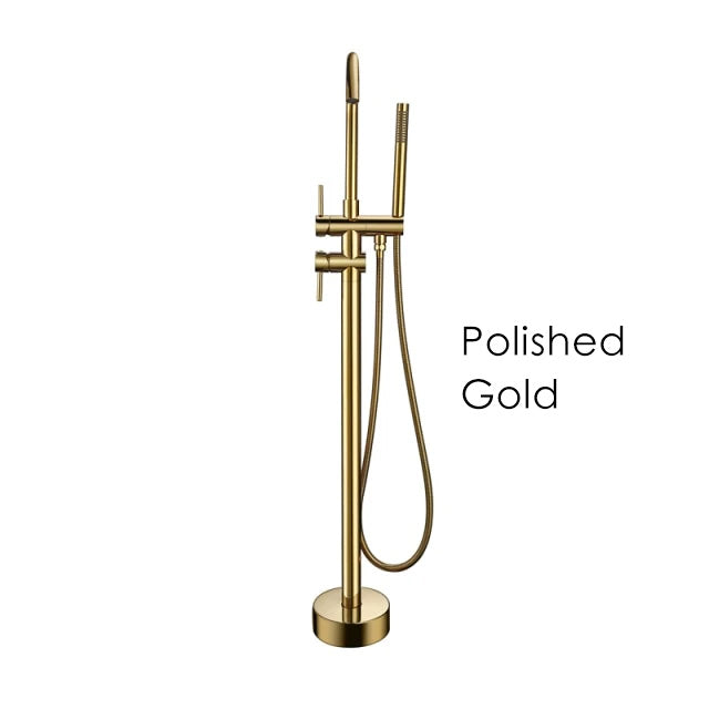 Contemporary Floor Mounted Tub Filler with Shower Wand in Gold