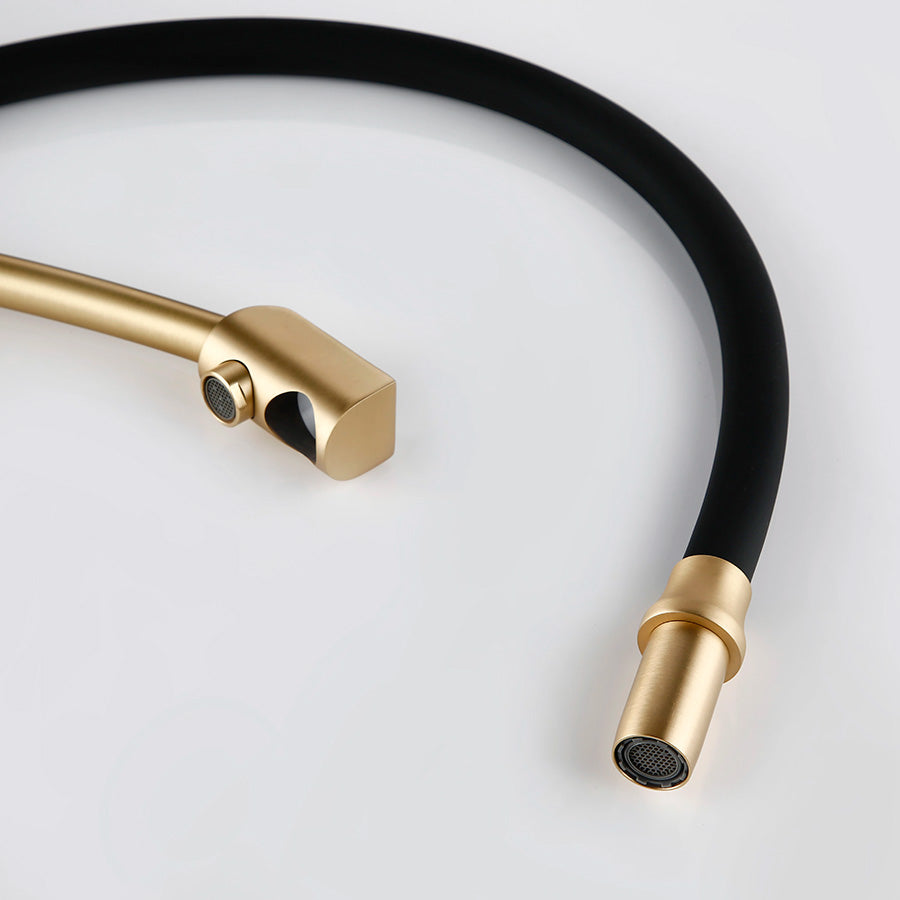 black and gold kitchen faucet with pull out sprayer shown in close up detail
