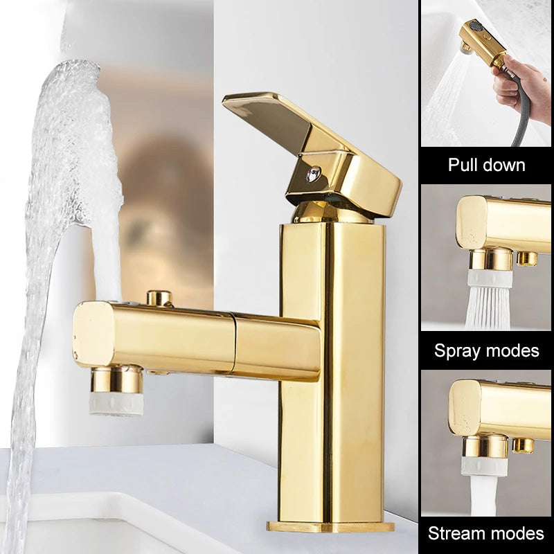 Gold Bathroom Sink Faucet with Pull Out Sprayer and Water Fountain 