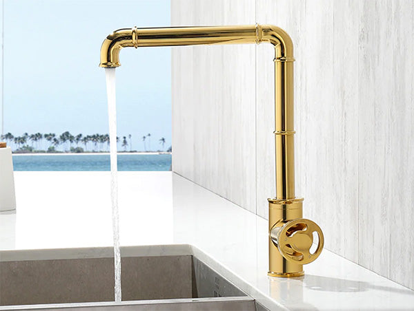 Industrial Kitchen faucet, single hole, single handle shown in profile, gold finish