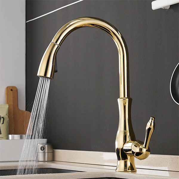 Gold Single Hole Kitchen Faucet with Pull Down Sprayer