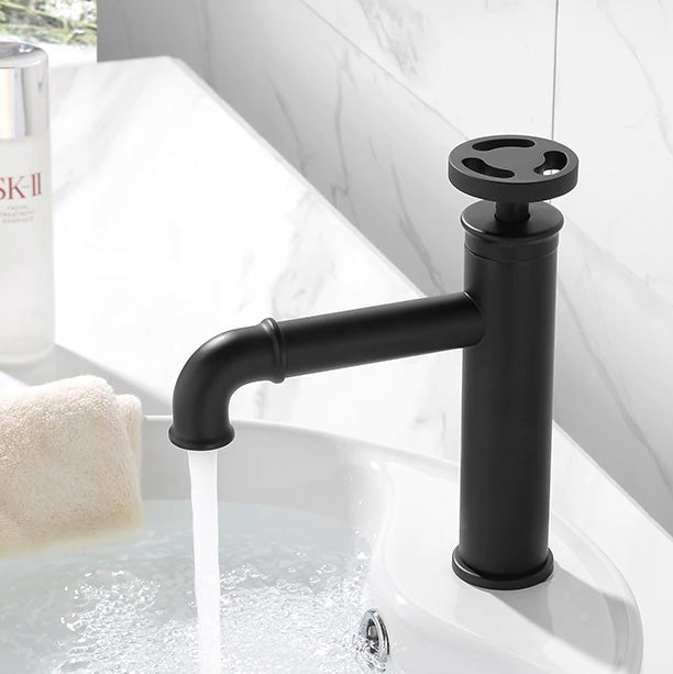 industrial bathroom faucet in black,  single hole, single handle, diamond knurled wheel on-off handle