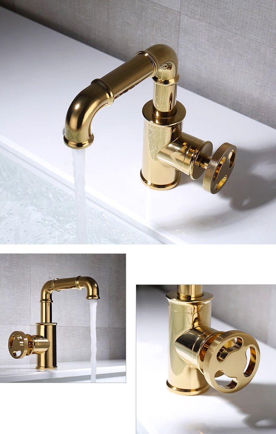 Industrial Bathroom Sink Faucet with polished brass finish. Single Handle, single hole mount