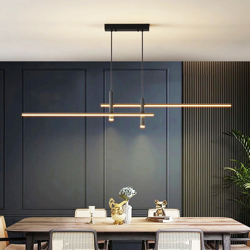 Modern  Hanging Horizontal  Light with two spotlights, 47 inches wide, black aluminum Frame shown illuminating a modern dining table