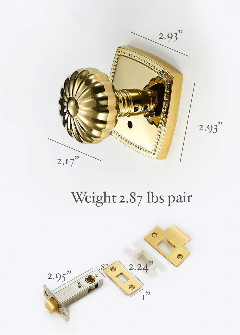 Dimensions of Brass Privacy Door Knob with scalloped edges for bedroom or bathroom doors