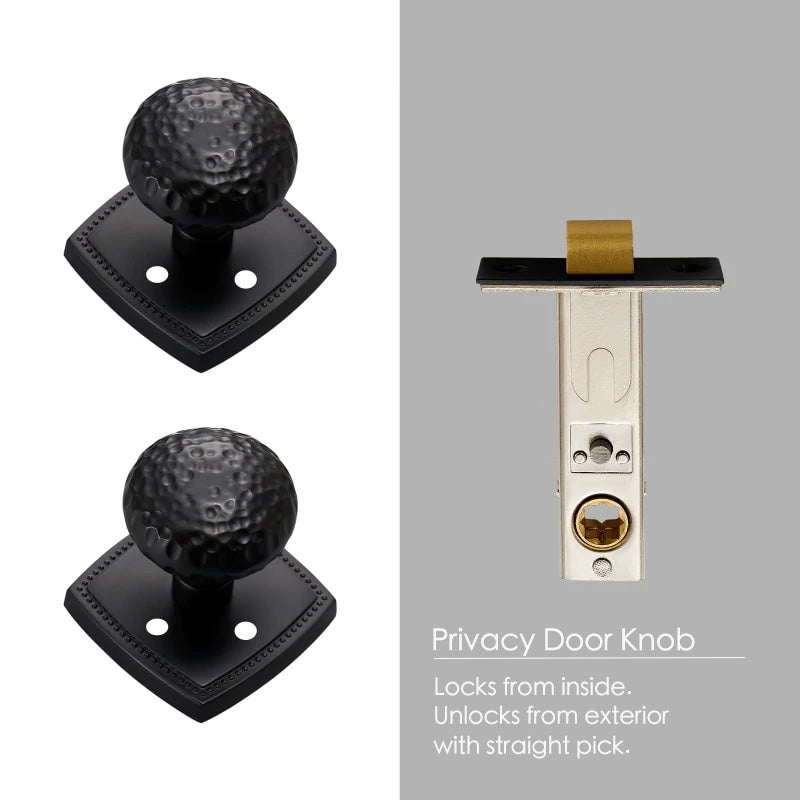 Hardware included with black privacy doorknob with hammered finish
