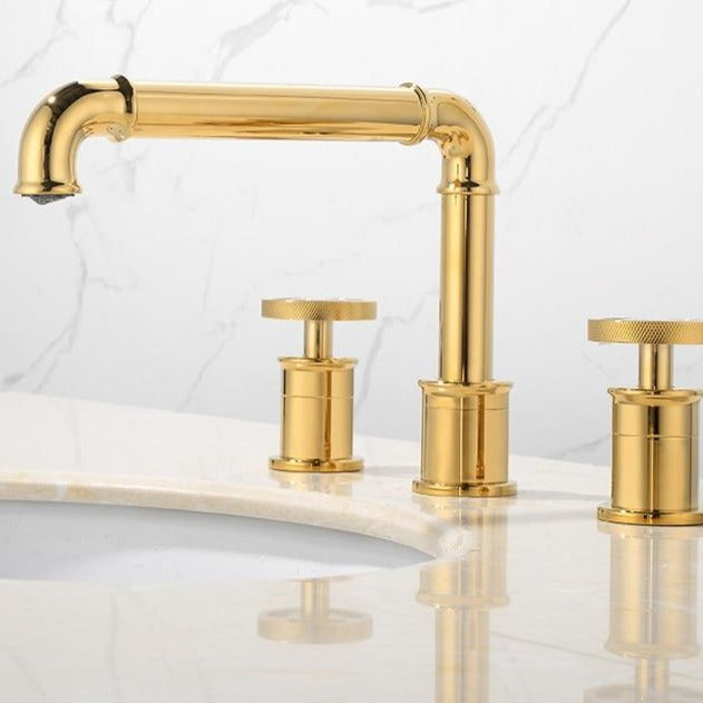 Gold industrial style 8 inch widespread bathroom faucet 