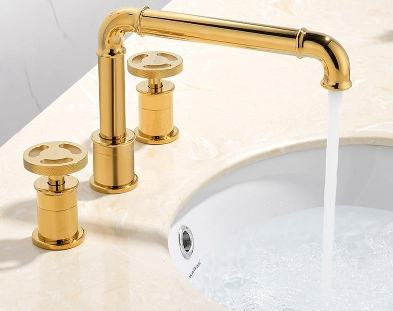 Gold 8 inch widespread industrial style bathroom faucet