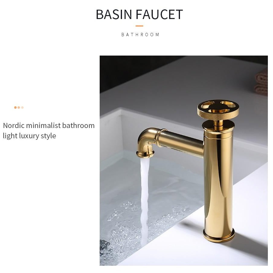 Industrial bathroom faucet in polished brass shown from side anglebrass