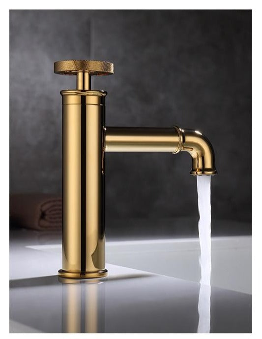 industrial bathroom faucet in polished brass, side view single hole, single handle, diamond knurled wheel on-off handle