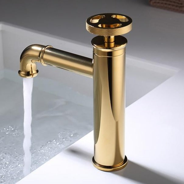 Industrial bathroom faucet in polished brass, single hole, single handle