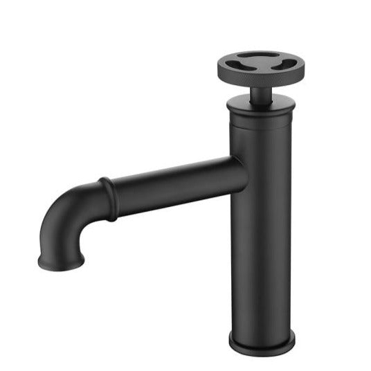 Black single hole industrial style bathroom faucet with diamond knurled circular handle