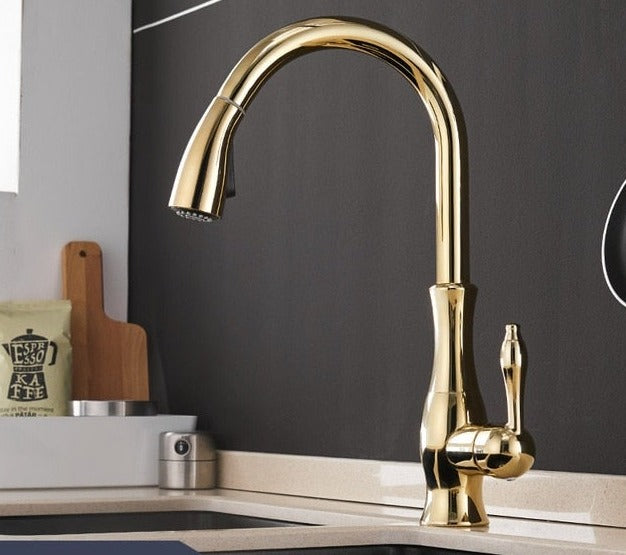 Gold Single Hole Single Handle Kitchen Faucet with Pull Down Sprayer