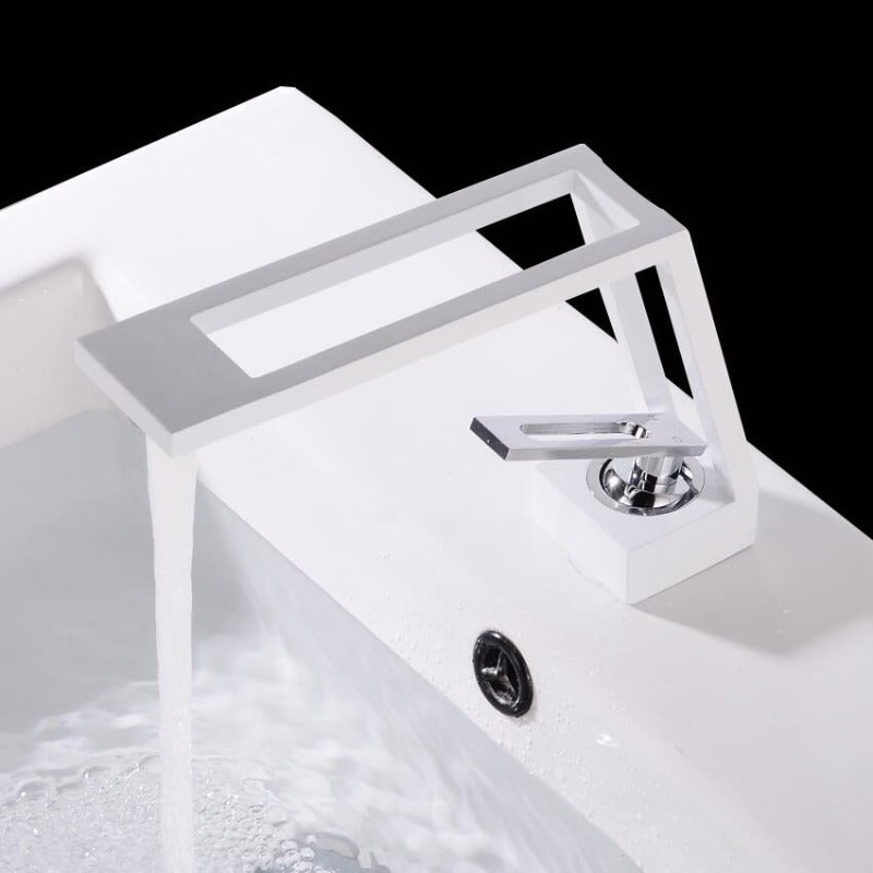 White bathroom faucet with chrome handle, hollow frame