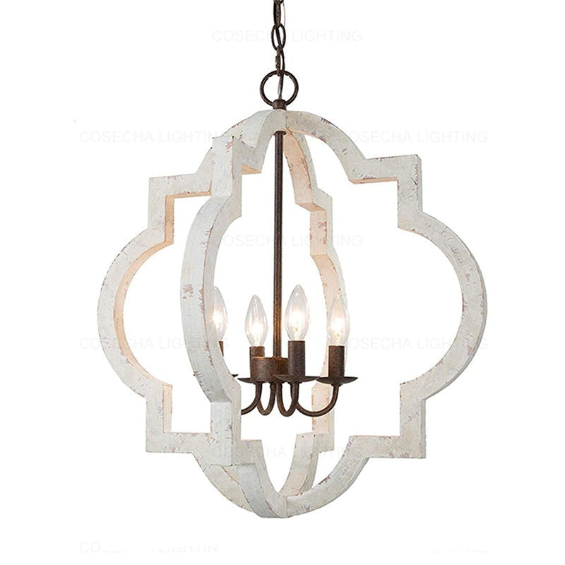 Weathered White Wood Caged Pendant Light with 4 bulbs