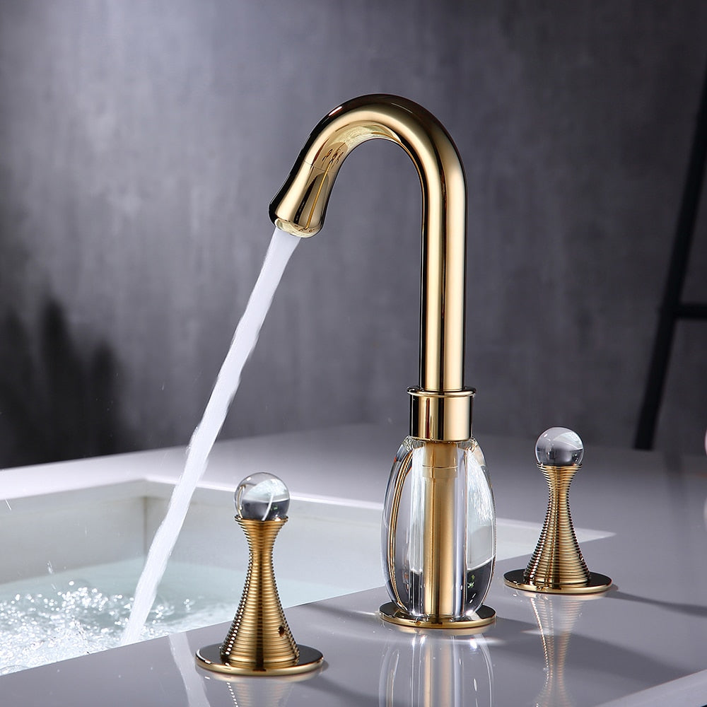 Elegant 8 inch widespread bathroom faucet with clear resin details in gold