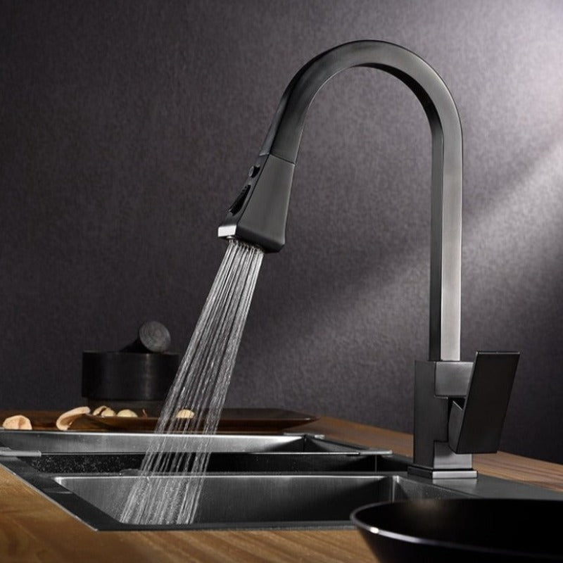 Square Kitchen Faucet in matte black with pull down sprayer in matte black finish, single hole, single handle side view
