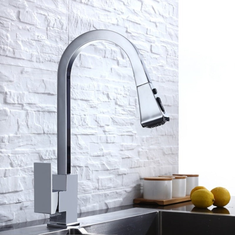 Square Kitchen faucet in Polished Chrome finish, square base, single hole, single handle side view