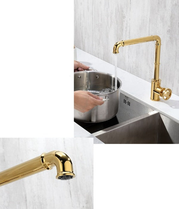 Industrial kitchen faucet, polished brass finish